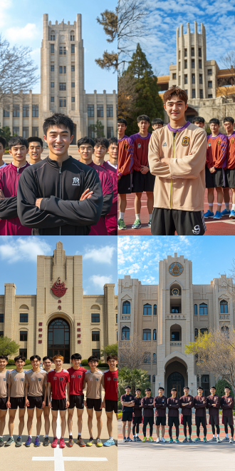 8个男性体育毕业生，穿着运动服，整齐排列，背后是操场或校园建筑，面对镜头微笑合影，青春活力，集体荣誉感，仰视角度，蓝天白云，顺光拍摄，自然光，广角镜头，高饱和度，低色温，团体照，动态平衡，细节清晰，阳光明媚，温暖色调，自信表情，运动鞋，手臂交叉或搭肩，背景虚化，主体突出。