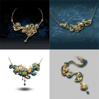 以敦煌飞天飘带、藻井几何纹、壁画缠枝莲，九色鹿为核心元素，采用925银镀k金为基底，镶嵌青金石、南红玛瑙复刻壁画色彩。飞天飘带做灵动扭转造型，藻井纹雕刻于吊坠背面，缠枝莲缠绕套链链身，复古纹样与现代简约线条融合。突出砂岩肌理质感，适配日常通勤、文化活动佩戴，兼具观赏性与文化纪念意义