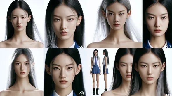3d semi-realistic cg model sheet, cinematic game cg, 4k, cool low-sat. one image: full-body front/side/back + face close-up. same face/hair/outfit/proportions; no props/occlusion. full body head-to-boots, centered, pure white bg, boots clear. face close-up shallow dof; body sharp. soren_shen, fictional east asian actress, adult 20, cold noble aloof, quiet pressure, sharp icy eyes, no glasses, dominant aura. oval face, pointed chin, amber-brown upturned eyes, high nose, full lips, cool porcelain skin, faint nose freckles, right part. cool glam makeup. 168cm, 9-head slender upright model frame, no curve emphasis. side-parted silver-gray long straight hair, satin gloss, strong highlights, airy, not frizzy/voluminous, cool metallic sheen, visible forehead/jawline. tailored blue interstellar student uniform, blue pleated mini skirt, white shirt, blue tie, brown contacts, black calf boots with metal buckles. 85mm f/2.0, cool indoor soft light.