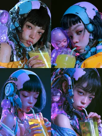 3d cg thick-paint surreal realistic portrait, candid dynamic half-body mecha girl, japanese anime-inspired human-machine fusion, techwear mix, cute childish pouty expression drinking lemonade through a straw. on her shoulder a translucent electronic purple doll half a head tall, only half its face visible, high-tech vibe. head partial wearable components in blue and light purple, color-blocked flexible metal, matte frosted. dark background with multi-magnified hazy light planes, mottled light spill, reflections and refractions, rembrandt lighting, partial shadow occlusion, subtle rich local detail. vivid colors within dark tone, futuristic industrial wasteland, avant-garde tension, large negative space composition, iconic cinematic moment, emotional atmosphere. 3d modeling cg thick paint, surreal realism, detailed skin and metal textures, clean composition.