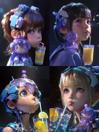 3d cg thick-paint surreal realistic portrait, candid dynamic half-body mecha girl, japanese anime-inspired human-machine fusion, techwear mix, cute childish pouty expression drinking lemonade through a straw. on her shoulder a translucent electronic purple doll half a head tall, only half its face visible, high-tech vibe. head partial wearable components in blue and light purple, color-blocked flexible metal, matte frosted. dark background with multi-magnified hazy light planes, mottled light spill, reflections and refractions, rembrandt lighting, partial shadow occlusion, subtle rich local detail. vivid colors within dark tone, futuristic industrial wasteland, avant-garde tension, large negative space composition, iconic cinematic moment, emotional atmosphere. 3d modeling cg thick paint, surreal realism, detailed skin and metal textures, clean composition.