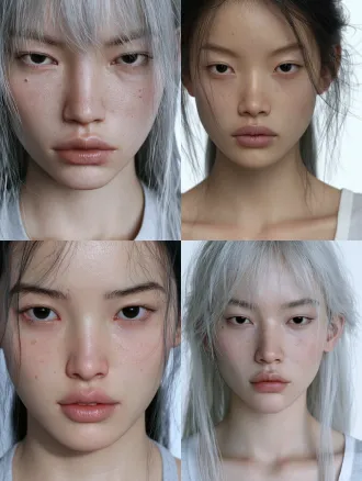 ultra-realistic cinematic portrait of a 21-year-old east asian woman, fictional original character, oval face, full rounded forehead, rounded hairline, smooth jawline, delicate slightly rounded chin, flat cheekbones, moderate soft tissue, long almond eyes with sharp inner corners and slightly upturned outer corners, narrow double eyelids, dark brown-black pupils, calm direct cold gaze, straight natural dark eyebrows, tall straight nose bridge, narrow alae, slightly rounded nose tip, thin upper lip with a fuller lower lip, defined cupid's bow, flat mouth corners, natural soft pink lips, cool fair skin, faint scattered freckles across nose bridge and cheeks, tiny faint mole under the inner corner of the left eye, silver-gray long straight hair with wispy airy bangs, fluffy at roots, fine loose strands framing the face, slightly prominent ears, light gray-white wide u-neck top, cool detached aloofness, photorealistic, hyperrealistic, natural skin texture with visible pores, natural minimal makeup, no plastic surgery look, 4k high-resolution photo, shot on 50mm lens, f/5.6, soft directional light, subtle film grain, pure white seamless studio background, close-up head-and-shoulders portrait, front view, sharp focus on eyes, high detail on facial features