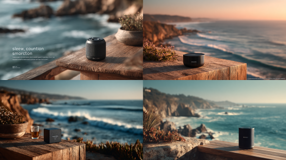 this picture is a high-realistic rendering or photography style, with a neat and layered picture and extreme close-up. the main body is a black mini speaker placed on a natural solid wood side table, with the background being the endless coast and the waves gently lapping the shore. the overall composition is simple, conveying an emotional atmosphere of "comfortable, quiet, and slow life by the sea", with both texture and style.