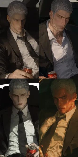 high-quality, realism, extremely detailed, attractive dilf, strong masculine build, sharp features, short white hair。intense but calm eyes, smoking a cigarette casually, visible yakuza tattoos, stoic expression, cinematic, dangerous househusband vibe，40-60岁，坐在车里，窗外是公路，拿着可乐，白色合身衬衫，外面穿着黑色西装外套，灰色领带，ceo，锋利下颌线与立体颧骨，半垂眼帘带淡笑，慵懒、勾人又笃定的凝视。棕色瞳孔，俊美，英俊，画面干净不凌乱。电影画质，ultra ultra hd quality，pseudo-thick style，sparkling stunningly beautiful features，clean facial features
