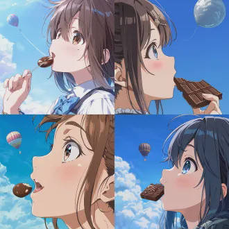 治愈系动漫，人物特写，一个可爱女孩咬着一块巧克力，侧身站，抬头看着氢气球飞在天空