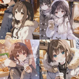 治愈系动漫，人物特写，下雪的早晨，一个女孩穿着厚棉袄，手捧奶茶，站在一家面包店门前，侧头看着远方。