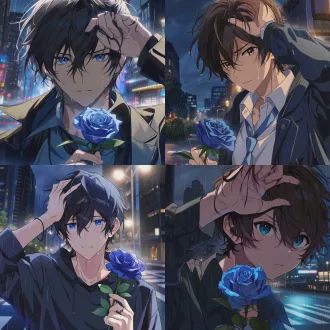 治愈系动漫，人物特写，一个男孩一只手捂着头发，另一只手里拿着一枝蓝玫瑰，站在街头，城市夜景，下雨天