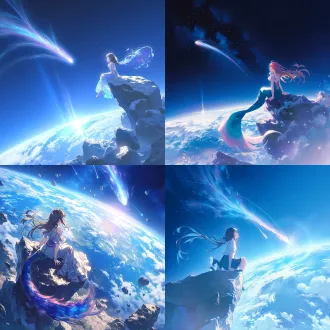 童话风，一个女孩，细细的发丝，坐在一颗流星石上，流星石后有长长的蓝粉色彗尾，远处有皎洁的地球，女孩在宇宙中，开心