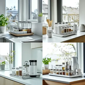 product photography, yamazaki shop style, minimalist japanese kitchen, soft natural window daylight, low saturation, clean countertop, matte white steel and light wood, tidy, ultra realistic, 16k, sharp focus, the product in picture placed on kitchen counter product photography, lissa glass oil dispenser and seasoning jar set, 3 oil bottles + 3 spice jars placed on 2-tier stainless steel rack, minimalist japanese yamasaki style, clean white kitchen countertop, pure white background, soft diffused natural light, no harsh shadow, 16k, ultra realistic, sharp focus, commercial e-commerce photo, shot on sony a7r4,