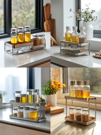 commercial lifestyle product photography, keep the product completely unchanged: double-layer stainless steel storage rack, three glass oil bottles and three glass seasoning jars on the rack, yamazaki japanese minimalist kitchen style, clean matte white cabinetry, light gray stone countertop, soft north window diffused natural light, low contrast, muted soft color palette, subtle shadows, simple and clutter-free space, faint wood texture details, minimalist japanese home, ultra realistic, product texture clear, sharp focus, 16k, e-commerce kitchenware photo,