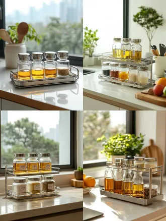 commercial lifestyle product photography, keep the product completely unchanged: double-layer stainless steel storage rack, three glass oil bottles and three glass seasoning jars on the rack, yamazaki japanese minimalist kitchen style, clean matte white cabinetry, light gray stone countertop, soft north window diffused natural light, low contrast, muted soft color palette, subtle shadows, simple and clutter-free space, faint wood texture details, minimalist japanese home, ultra realistic, product texture clear, sharp focus, 16k, e-commerce kitchenware photo