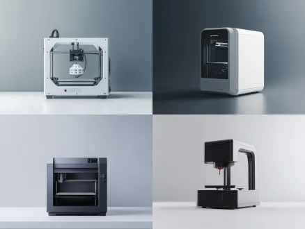 极简3d打印产品海报，上半部分留白，高级灰背景，专业3d打印机居中，柔和侧顶光，f/2.8定焦镜头，细腻质感，低饱和色调，科技静谧感