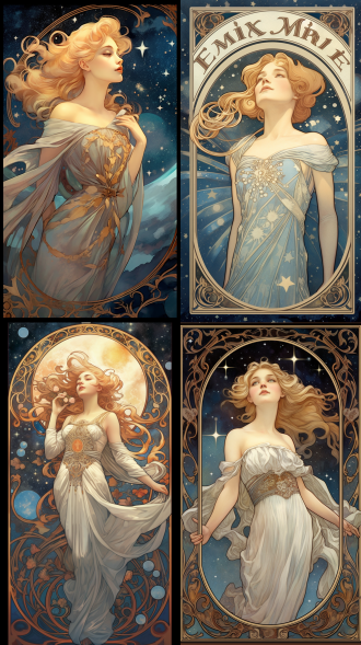 全身，腰部以上，优雅的女性，金发，白色衬衣，背景是星空，2k画质 海报 新艺术风格 穆查，人物占画面一侧的三分之一，border accents，elegant decorations，dynamic composition