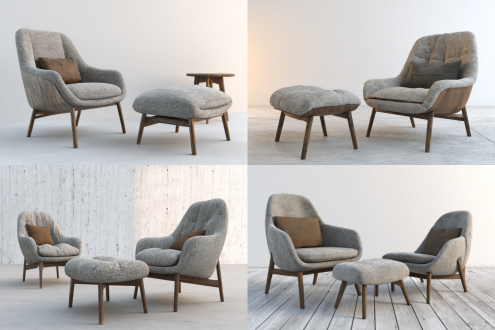 "一组靠椅，极简构图，现代家居环境，中性色调，柔和自然光，50mm定焦镜头，浅景深，安静氛围，木质纹理，布艺质感，整齐排列，舒适感，空间感，温暖光线，室内设计风格。"