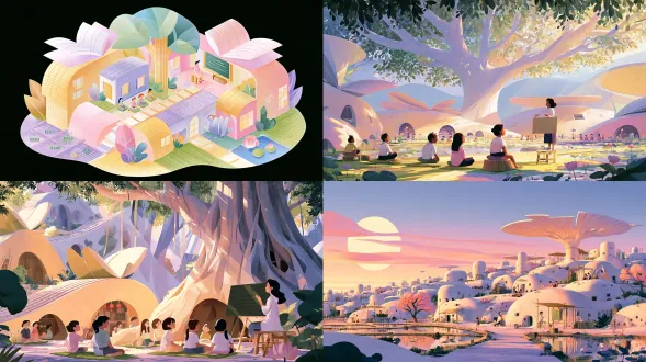 根据参考图的风格，生成以下场景概念图。 一个稻禾童话小镇。 建筑从地里长出来：低矮、半埋、圆润弧线，屋顶像翻开的书页或叶子，墙壁是陶土质感。房子被植物包围，没有广场和直街。 用材质定位，不用符号：竹、瓦、土坯、稻草、稻田、荷塘。不要红灯笼、不要石狮子。 人造物不超过自然：玻璃、水泥、金属、塑料感全部剔除，所有直线和直角柔化。 关键场景 学校：不要教室。改成村口大榕树下的学堂 —— 孩子坐草垫、树墩，老师坐竹凳，"黑板" 是一块竹席或石板。 建筑稀疏，孤独而寂静的梦一般的小镇。元素极简，不要过于繁杂。 核心美术流派与风格基底 (art movement & style base) 现代扁平化插画 (modern flat illustration)：高度概括的几何化形体，摒弃繁杂的细节，强调色块与色块之间的组合与拼接。 无主线矢量插画风 (lineless vector art)：画面没有明确的外轮廓黑线，物体元素高度矢量化、抽象化，完全依靠色块的明暗对比和边缘相交来划分结构。
