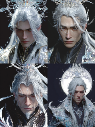 构图霸气，帅气男子，银发，亚洲面孔，神态霸气，仙侠风，清晰的结构，高清头部细节，完善细节，背景月光，3d游戏渲染，3d游戏模型，清晰的眼睛，高清晰，16k