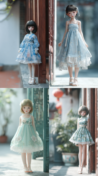 纯色的淡雅背景，12岁晓晓站在乡村小院门口，白皙皮肤泛着柔和光泽，灵动眼睛如清澈湖水，浅蓝色碎花连衣裙，轻薄飘逸面料，栩栩如生的花朵图案，白色蕾丝花边，精致褶皱，纤细腰肢，白色凉鞋镶嵌水钻，柔顺披肩发，眼神带着新奇与不安。中国风，高细节，自然光，柔焦镜头，浅景深，侧逆光，柔和色调，细腻纹理，清新氛围，宁静情感