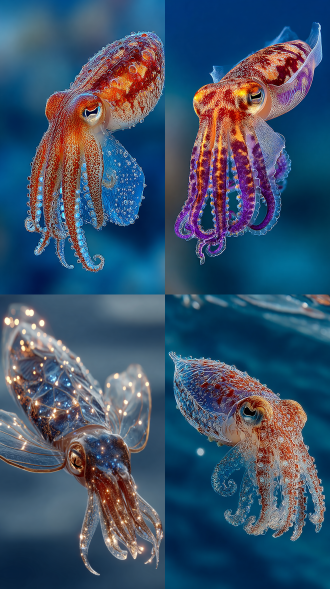 一只鱿鱼漂浮在深蓝海洋中，透明触手优雅舞动，周围发光的浮游生物点缀，梦幻风格，水下摄影，长焦镜头，柔光散射，慢门拍摄，动态模糊，冷色调，神秘感，宁静而深邃。