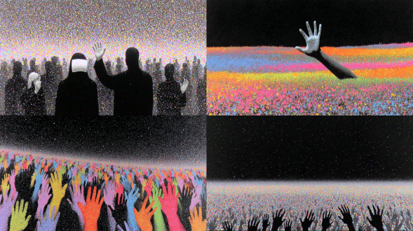 1000个 body without a head. raising both hands.