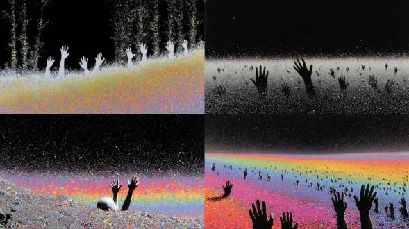 1000个 body without a head. raising both hands.