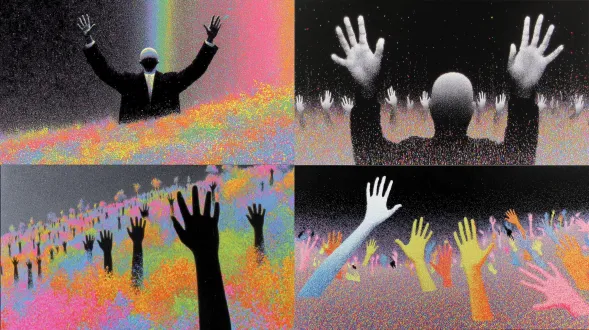 1000个 body without a head. raising both hands.