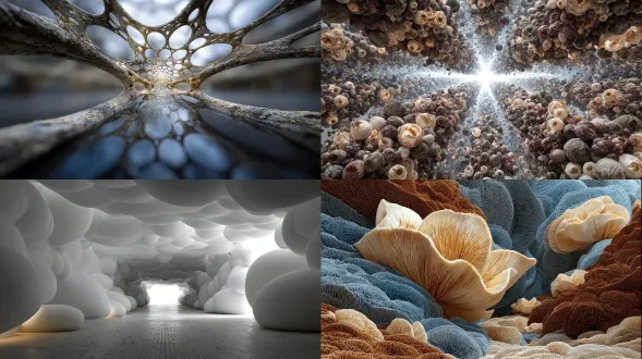 异次元透视关系，超维空间在三维空间的投影，均衡构图，大小不等，连续不断的匪夷所思的形体，密密麻麻的光滑的材质交错构成模糊的巨大的无法言喻无法识别的奇特空间，细密质感，空间透视，超现实摄影，艺术韵味构图，材质构造严谨，构建出的模糊的密密麻麻的巨大模糊无法辨识交错延展。复杂而精细缜密。