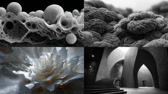 异次元透视关系，超维空间在三维空间的投影，均衡构图，大小不等，连续不断的匪夷所思的形体，密密麻麻的光滑的材质交错构成模糊的巨大的无法言喻无法识别的奇特空间，细密质感，空间透视，超现实摄影，艺术韵味构图，材质构造严谨，构建出的模糊的密密麻麻的巨大模糊无法辨识交错延展。复杂而精细缜密。