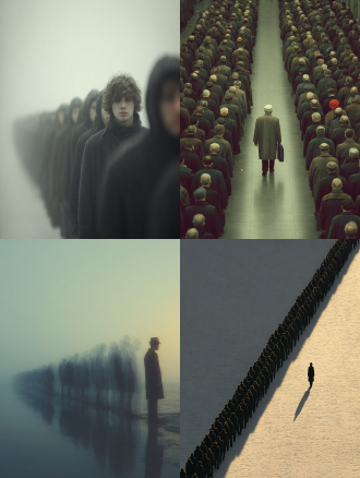 高清32k，摄影彩色：随机清晰生活场景。长相一样的透明魂魄队列排成一条直线行走，其中有一个真实清晰的人 .