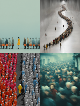 高清32k，摄影彩色：随机清晰生活场景。长相一样的透明魂魄队列排成一条直线行走，其中有一个真实清晰的人 .