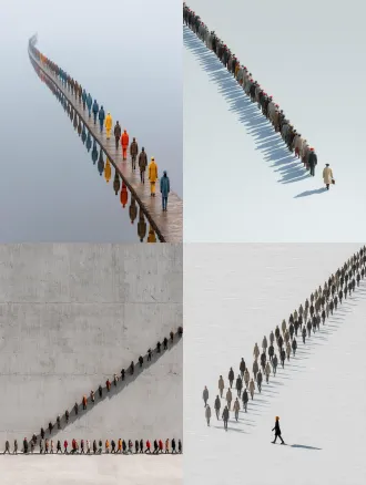 高清32k，摄影彩色：随机清晰生活场景。长相一样的透明魂魄队列排成一条直线行走，其中有一个真实清晰的人 .