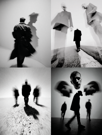 行走的男子被时间的幽灵环绕，前方是透明的未来自我，后方是模糊的过去自我，动态模糊效果，电影级光影，彩色摄影