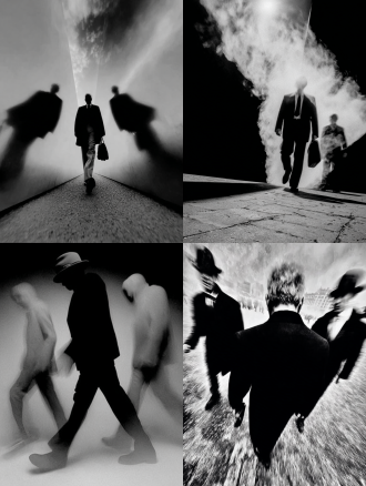 行走的男子被时间的幽灵环绕，前方是透明的未来自我，后方是模糊的过去自我，动态模糊效果，电影级光影，彩色摄影