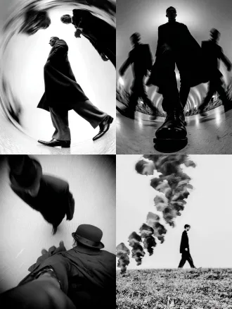 行走的男子被时间的幽灵环绕，前方是透明的未来自我，后方是模糊的过去自我，动态模糊效果，电影级光影，彩色摄影