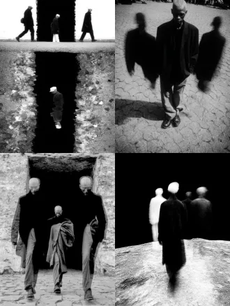 孤独行者与多重自我，真实主体在队列中央，透明幻影呈现时间流逝的轨迹，柔光滤镜，情感摄影，32k画质