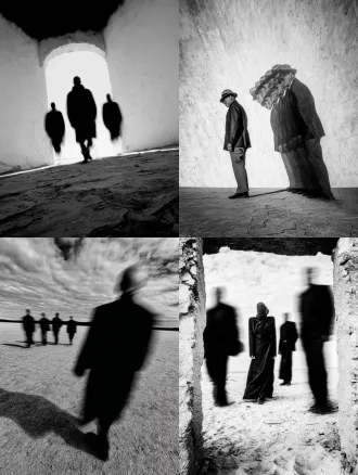 孤独行者与多重自我，真实主体在队列中央，透明幻影呈现时间流逝的轨迹，柔光滤镜，情感摄影，32k画质