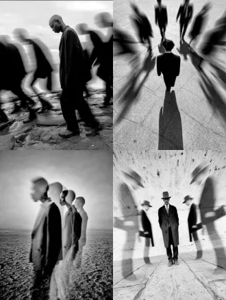 孤独行者与多重自我，真实主体在队列中央，透明幻影呈现时间流逝的轨迹，柔光滤镜，情感摄影，32k画质