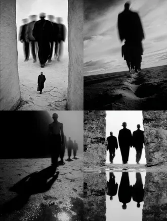 孤独行者与多重自我，真实主体在队列中央，透明幻影呈现时间流逝的轨迹，柔光滤镜，情感摄影，32k画质