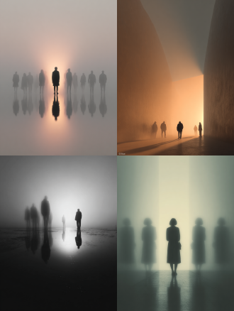 孤独行者与多重自我，真实主体在队列中央，透明幻影呈现时间流逝的轨迹，柔光滤镜，情感摄影，32k画质