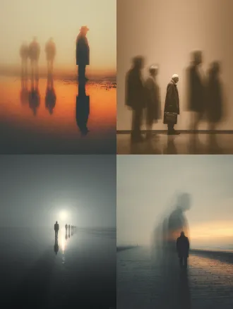 孤独行者与多重自我，真实主体在队列中央，透明幻影呈现时间流逝的轨迹，柔光滤镜，情感摄影，32k画质