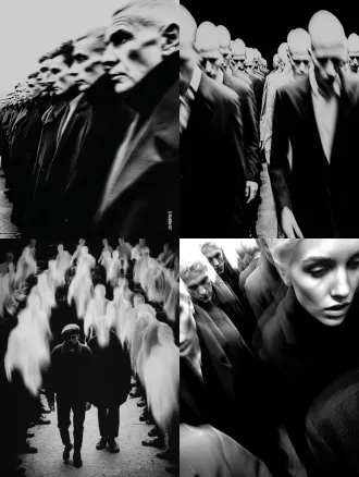 真人行走在透明魂魄队列中，使用多层曝光技术展现时间分身，前景幻影模糊，后景幻影半透明，超清晰细节