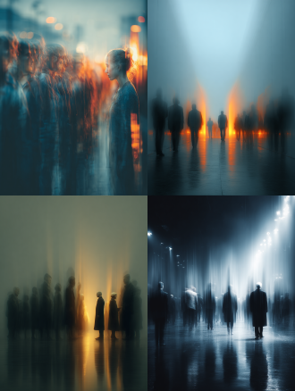 真人行走在透明魂魄队列中，使用多层曝光技术展现时间分身，前景幻影模糊，后景幻影半透明，超清晰细节