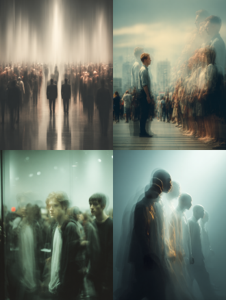 真人行走在透明魂魄队列中，使用多层曝光技术展现时间分身，前景幻影模糊，后景幻影半透明，超清晰细节