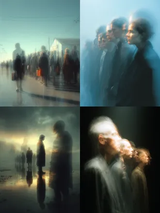 真人行走在透明魂魄队列中，使用多层曝光技术展现时间分身，前景幻影模糊，后景幻影半透明，超清晰细节