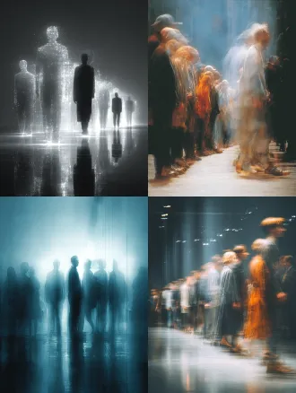 真人行走在透明魂魄队列中，使用多层曝光技术展现时间分身，前景人物幻影模糊，后景人物幻影半透明，超清晰细节
