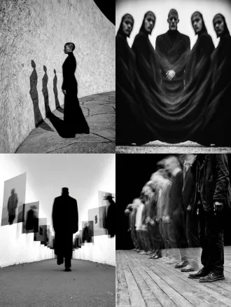 单人多重时间维度呈现，简洁场景中直线排列的透明幻影，唯一真实主体突出显示，极简构图，高级灰色调