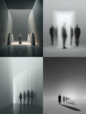单人多重时间维度呈现，简洁场景中直线排列的透明幻影，唯一真实主体突出显示，极简构图，高级灰色调