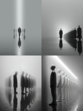 单人多重时间维度呈现，简洁场景中直线排列的透明幻影，唯一真实主体突出显示，极简构图，高级灰色调