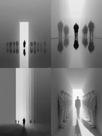 单人多重时间维度呈现，简洁场景中直线排列的透明幻影，唯一真实主体突出显示，极简构图，高级灰色调