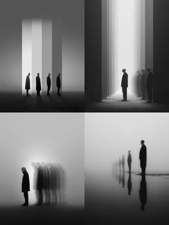 单人多重时间维度呈现，简洁场景中直线排列的透明幻影，唯一真实主体突出显示，极简构图，高级灰色调