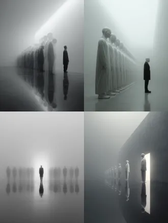 单人多重时间维度呈现，简洁场景中直线排列的透明幻影，唯一真实主体突出显示，极简构图，高级灰色调